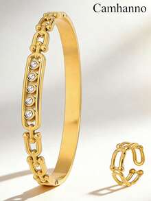 Camhanno 2pcs Gold Jewelry Set, Understated Luxurious Elegant Stainless Steel Bracelet And Ring, Suitable For Dates, Lively Parties, Daily Commute, Also A Great Gift Choice, Featuring Unique U-Shaped Linking Design With Spherical Decorations - Gold - View 4