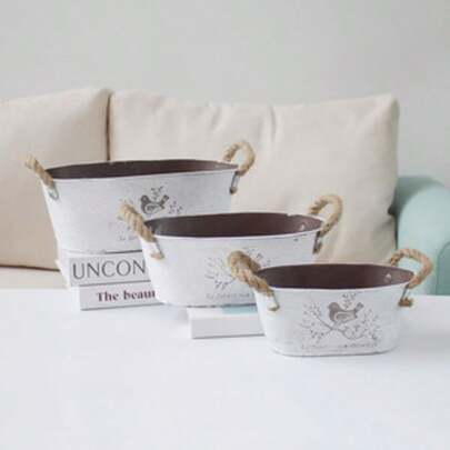 Chậu trồng cây bằng sắt kiểu cổ điển dành cho cây mọng nước và cây nhỏ, chậu hoa hình bầu dục có tay cầm bằng dây gai, trang trí ban công.