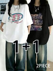Áo thun nữ tay ngắn cổ tròn dáng rộng in hình hoạt hình, phong cách Nhật Bản mùa hè. - Màu đen trắng cao cấp - Xem 2