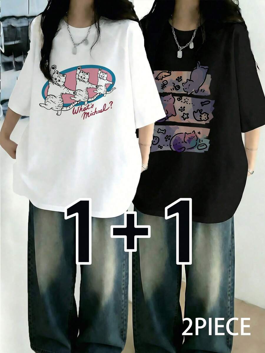 女士休闲圆领宽松卡通印花短袖T恤，夏季日系风格 - 高級黑色+白色 - 查看 1