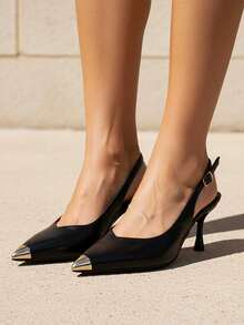 Modische und elegante Damen Pumps mit Metalldekor an der Zehenkappe, Slip-On mit verstellbarem Riemen und Schnalle, hoher Absatz in Schwarz, geeignet für den täglichen Weg zur Arbeit, das Büro und Abendanlässe - Schwarz - Übersicht 4