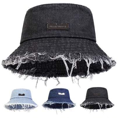 1 chiếc mũ xô nữ PRANK, nhãn chữ thêu cá nhân hóa, viền rách, mũ xô thời trang, kiểu dáng thường ngày cho các hoạt động mùa xuân/thu, du lịch, đi biển, dự tiệc.