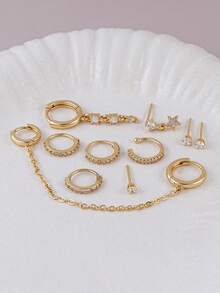 10 Stück Ohrringe Set mit kubischem Zirkonia, mehrschichtige Ohrstecker mit Stern Anhänger Kette, geeignet für den täglichen Gebrauch von Frauen, Dates, Partys - Goldgelb - Übersicht 2