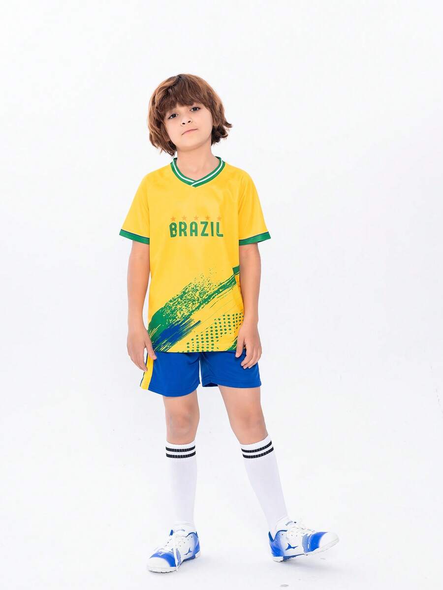 SURUIDA Tween Boy Brazil Soccer Jersey & Sports Set For World Cup, Suitable For Children's Soccer Matches, Training, Casual And Holiday Wear & Gift For Kids - Yellow - View 1