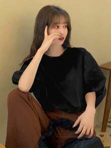 女士纯色简约休闲衬衫上衣 黑色 夏季 - 黑色 - 查看 2