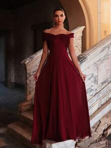 优雅露肩雪纺长袍晚礼服，适合婚礼、红毯活动和奢华晚宴。 - 酒紅色 - 查看 10