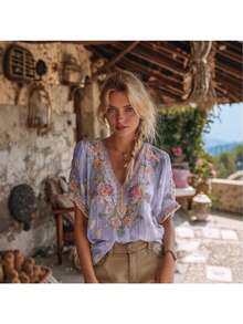 Women's Printed Floral V-Neck Short-Sleeve Shirt - 2026 Summer Collection: Elegant & Versatile Top - JUIM-5781 - Xem 3