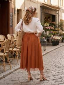 Classic Versatile Solid Color Mesh Pleated Skirt, Elastic Waist Slimming Elegant Lady Skirt, Autumn Women Clothing - Maroon - View 3