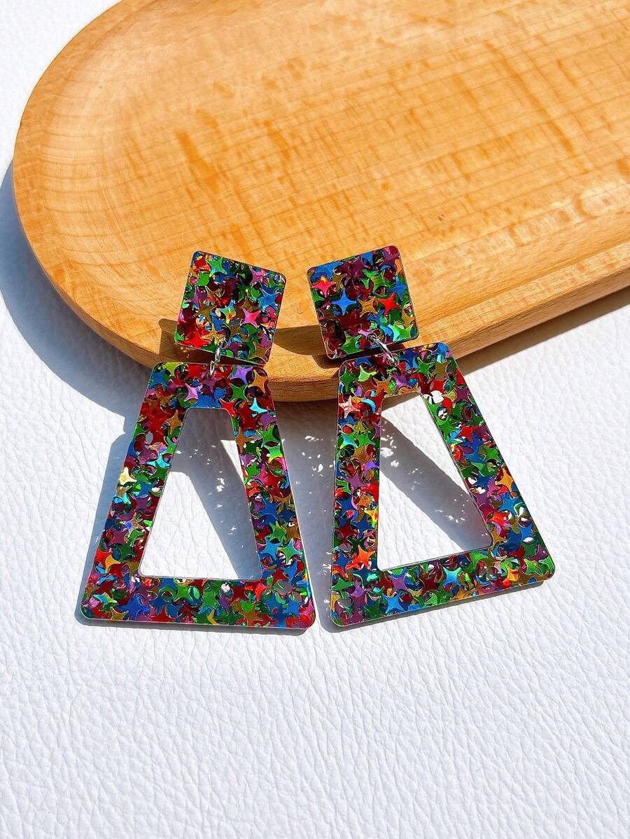 1 par de pendientes de aro geométricos huecos de acrílico, de estilo vacacional de moda, adecuados para fiestas y uso diario, diseño único para mujeres - Multicolor - Ver 1