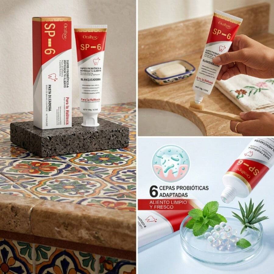 Pasta Dental Blanqueadora con Probióticos SP-6 120g, Blanqueamiento Dental Efectivo, Elimina Manchas de Café, Té y Tabaco, Aliento Fresco Duradero, Protege Encías y Previene Caries, Formula Suave Sin Irritación, Ideal para Hombres, Mujeres y Familias Mexicanas que Buscan Dientes Blancos y Aliento Limpio - Menta - Ver 1