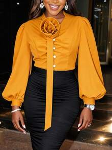 AOMEI Women's Elegant Long Petal Sleeve Ruffle V-Neck Floral Decor Blouse, Suitable For Office Work And Daily Wear - Mustard Yellow - View 5