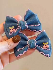 2pcs Cherry Denim Bow Hair Clips, Versatile Delicate Cute Princess Style Bangs Hairpins For Girls - Pink - View 4