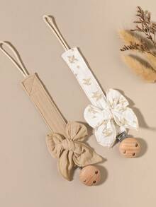 2pcs Baby Solid Color & Printed Pacifier Clips, Bowknot Wooden 3-Hole Pacifier Holder, Suitable For Daily Use, Blue, Pink, Khaki - Multicolor - View 15