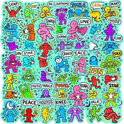 50张街头风霓虹图案人物贴纸，姿势和表情丰富有趣，适合装饰滑板和行李箱。