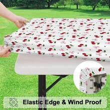 1件蓝色格子背景桌布，粉色蝴蝶结樱桃图案，粉色蝴蝶主题派对桌布，防水涤纶面料，适合室内外使用，生日派对装饰，新娘送礼会，婴儿送礼会，性别揭晓派对，派对桌布 - 蝴蝶結櫻桃 - 查看 4