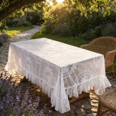 1pc Outdoor Romantic Pastoral Lace Jacquard Tablecloth, Vintage Ruffled Square Tablecloth Suitable For Round Tables, Dessert Decoration, Wedding Backdrop, Family Gathering