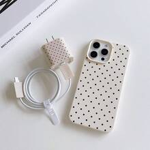 Set 5-in-1: Casing Ponsel dengan Motif Polkadot Hitam Cetak UV + Penutup Kepala Charger + Pelindung Kabel + Tali Penyimpanan + Tali Penggulung Kabel Data, Casing Ponsel Pelindung Anti Guncangan TPU - Putih Antik - View 2