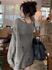 性感迷人的不对称露肩针织衫，轻薄透气，街头风十足，适合约会、居家和通勤穿着。 - 灰色 - 查看 6