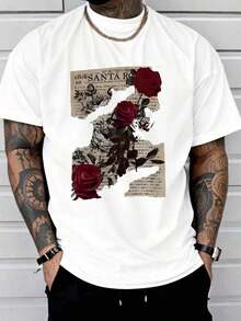 1 Piece, 100% Cotton, Printed T-Shirt With Rose Newspaper Pattern, Casual Seasonal T-Shirt, Cotton Crew Neck Short Sleeve T-Shirt, Outdoor Sports T-Shirt, Christmas And Thanksgiving Gift, Sharpening. - 白色 - 查看 7