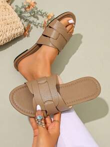 Ximi Ruo Korean Style Casual Flat Slide Sandals, Brown Color, Holiday Essential, Open Toe, Woven Roman Style, Suitable For Spring, Summer, Beach - Apricot - View 4