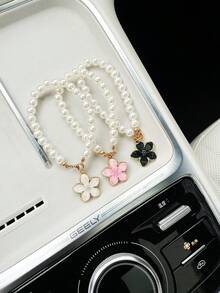 1pc Flower Steering Wheel Decorative Chain, Faux Pearl Car Interior Decoration Chain Pendant, Women's Decorative Strip, Flower Decoration Pendant - A - View 4