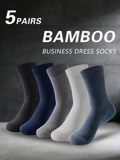 5 Paris Men's Bamboo Fiber Plaid Mid-Calf Socks Business Casual All Season Black Formal Wedding Dress Long Socks Man Gift Size 39-45