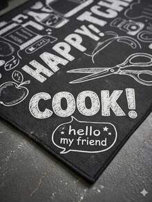 Doodle Style Kitchen Mat - Anti-Slip, Washable Black & White Kitchen Rug With "Happy Kitchen" Graphic Print - Modern Home & Dining Floor Decor 80x200 Cm, 80x300 Cm,100x200 Cm, 120x180 Cm - Black - View 2