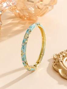 1pc Fashion New Gold Plated Flower Pattern Hollow Out Rhinestone Charms Enamel Cloisonne Bracelet Bangle Jewelry For Girls And Women - Baby Blue - View 6