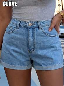 Plus Size Women's Casual Cuffed Wide Leg Light Wash Denim Shorts, Versatile For Summer - Medium Wash - View 1