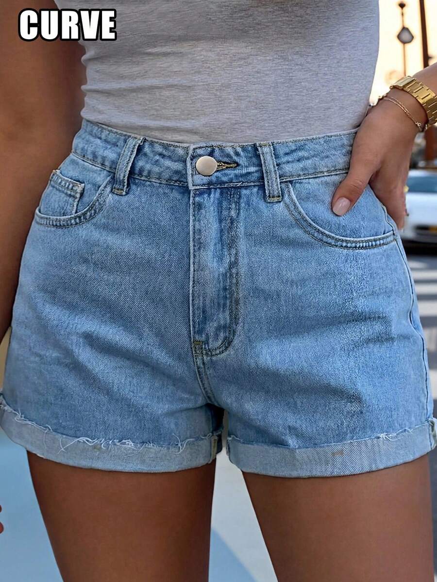 Plus Size Women's Casual Cuffed Wide Leg Light Wash Denim Shorts, Versatile For Summer - Medium Wash - View 1