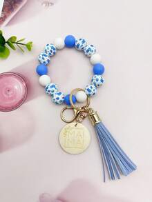 1pc Elegant Floral Print Mama Wristlet Keychain, Sophisticated Boho Beaded Key Bracelet, Exquisite Mother's Day Gift For Mom, Premium Tassel Purse Charm For Women, Gifts For Mother, Father, Graduation, And Teacher - 1114 - View 5