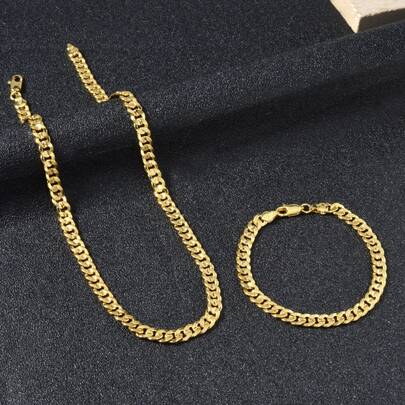 2pcs 14K Gold Plated Copper Thick Chain Necklace And Bracelet Jewelry Set, Unisex Suitable For Daily Wear, Party, Music Festival, Stage Performance