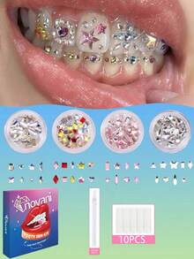 55~60颗/盒牙齿宝石套装 时尚DIY牙齿饰品，多种形状闪亮水晶，适合入门级牙齿宝石套装（不含灯和胶水） - 彩色 - 查看 1