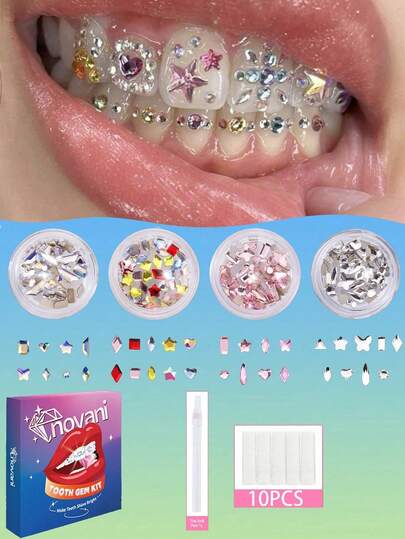 Bộ dụng cụ đính đá răng 55-60 viên/hộp, trang sức răng DIY thời trang, các tinh thể lấp lánh nhiều hình dạng, phù hợp cho người mới bắt đầu (không kèm đèn và keo).