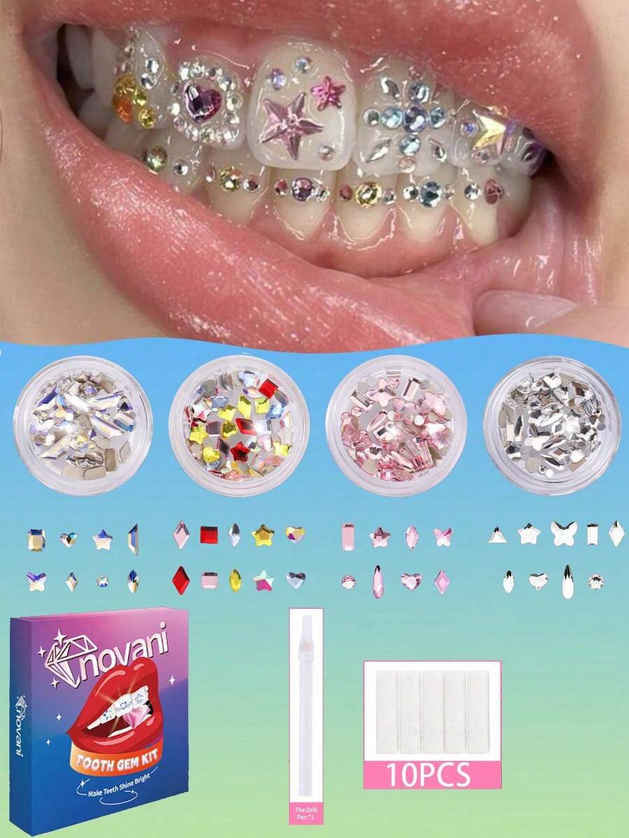 55~60颗/盒牙齿宝石套装 时尚DIY牙齿饰品，多种形状闪亮水晶，适合入门级牙齿宝石套装（不含灯和胶水） - 彩色 - 查看 1