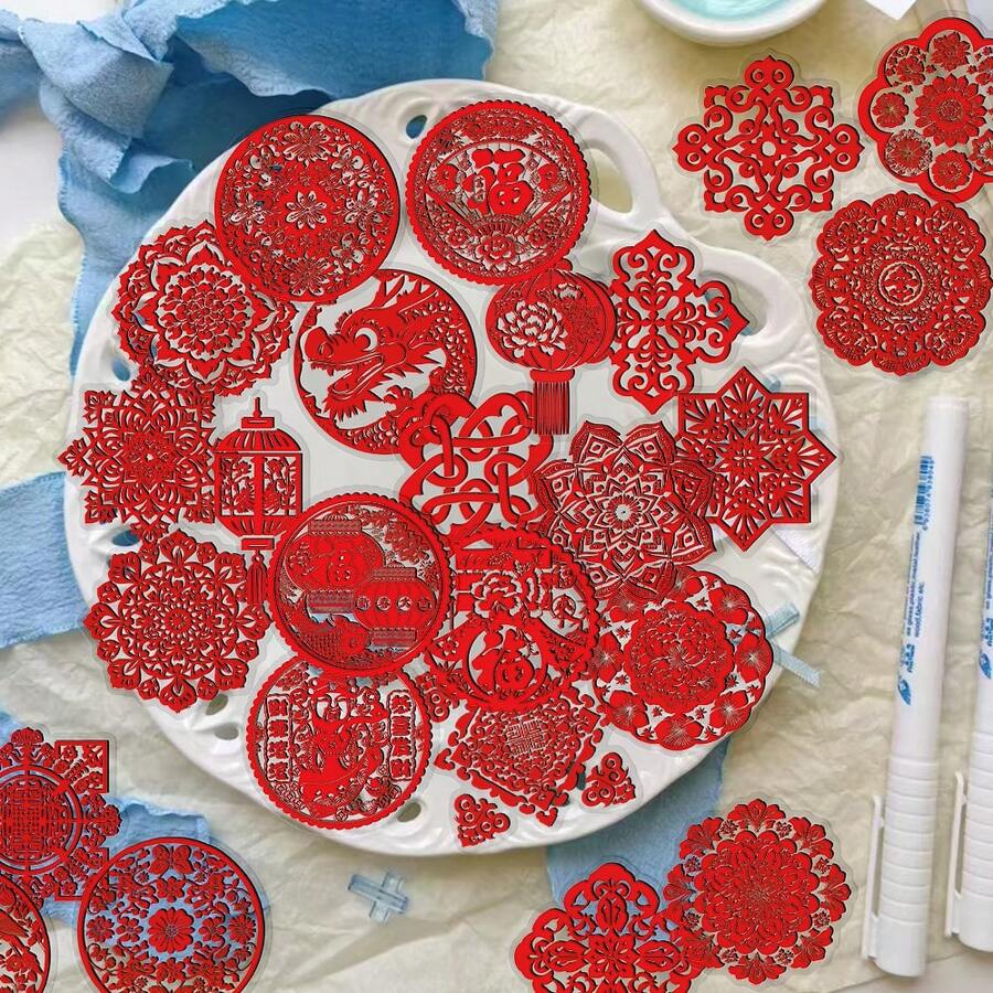 50pcs Chinese New Year Window Stickers, Suitable For Notebooks, Phone Cases, Diaries, Windows, Skateboards, Luggage, Refrigerators, New Year Gifts - Multicolor - View 1