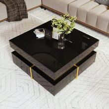 Table basse, table de salon laquée brillante, table d'appoint avec tiroirs et détails dorés - Noir - Voir 3