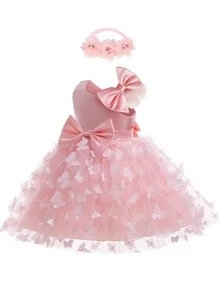 Baby Girls' Elegant Bow Decor Dress, Infant Toddler Flower Girl Wedding Birthday Dress - Pink - View 4