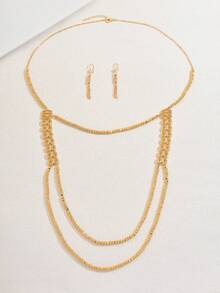 Bộ 3 món trang sức cao cấp phong cách retro gồm dây chuyền dài nhiều lớp đính hạt, bông tai, quà tặng cô dâu, quà cưới, quà tặng lễ hội, bộ trang sức sang trọng độc đáo dành cho phụ nữ. - Vàng - Xem 5