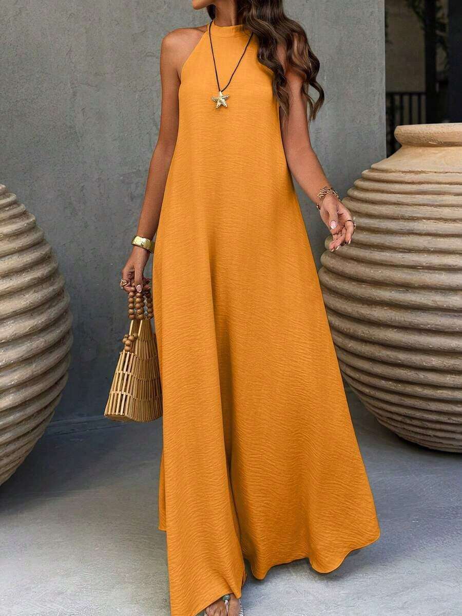 YHHVestido estilo bohemio vintage con espalda descubierta y corte evasé, de elegante color albaricoque, adecuado para el Día de San Valentín, la playa y las vacaciones de veranoYHH - Mostaza Amarilla - Ver 1