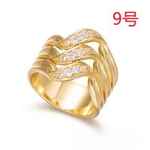 1 pieza Anillo de banda ancha de cobre con circonita asimétrica curva, adecuado para uso diario, fiestas, festivales y galas - Dorado - Ver 6