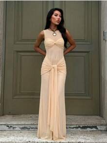 1pc Fitted Summer Dress With Sheer Satin Ribbon - Yellow - View 2