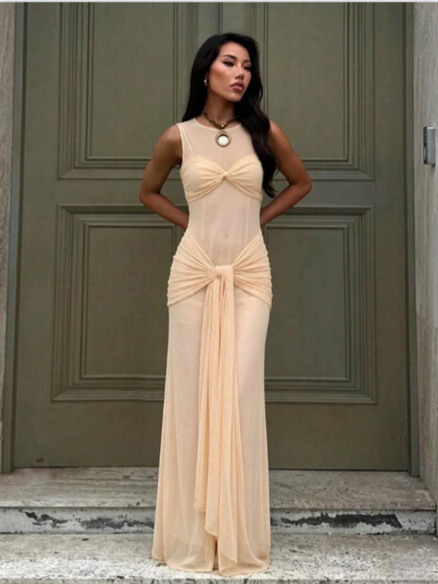 1pc Fitted Summer Dress With Sheer Satin Ribbon