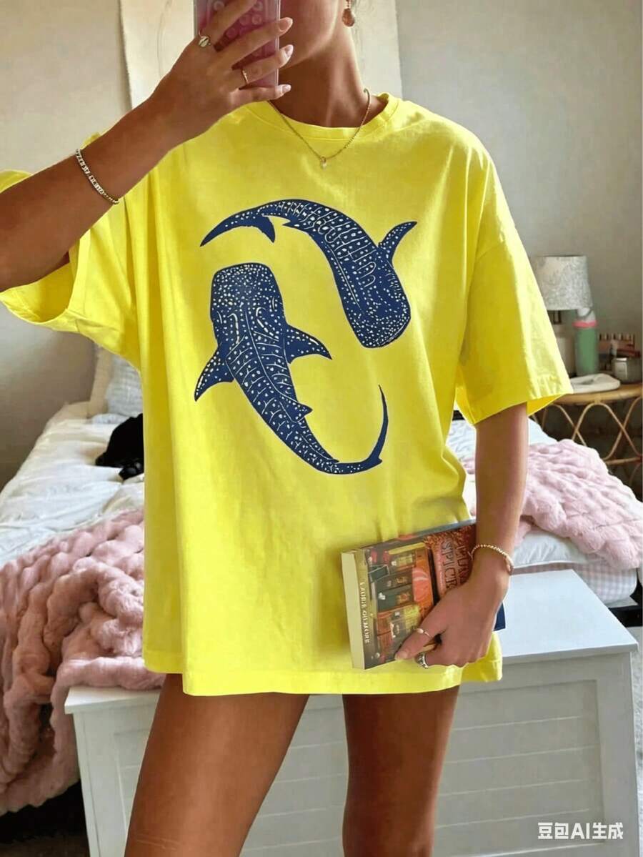 Valentine Outfits For Women2026Blue Whale Shark Simple Printing T-Shirts Women Summer Tops Comfortable O-Neck T Shirt Fashion Casual Women Clothesethiopian Dress Valentines Clothes - 黃色 - 查看 1