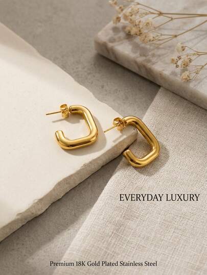 1 Pair Women's Vintage Minimalist 18K Gold Stainless Steel Smooth Geometric Rectangular U-Shaped Earrings, Suitable For Daily Wear, Office, Work, Party, Wedding, Vacation, Date, Street Style, Anniversary And Birthday Gift / Daily Life Belt Matching Dress, T-Shirt, Casual Pants, Fashionable And Elegant Ladies Belt