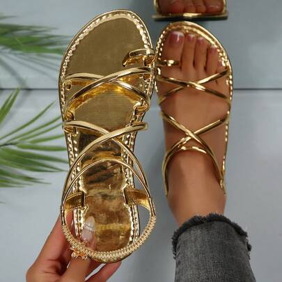 Summer New Metallic Gold Sandals, Criss-Cross Thin Strap Open Toe Shoes, Elegant Vacation Casual Flat Shoes, Solid Color Elegant Vacation Fashion Beach Casual PU Leather Criss-Cross Slippers, Open Toe Sandals, Flat Sandals, Beach Sandals, Casual Beach Festival Wedding Party Office Home Gym Outdoor Spring Summer