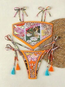 New Sexy Vacation Style European And American Vintage Patchwork Ditsy Floral Twist Front Bikini Set For Women - Multicolor - View 2