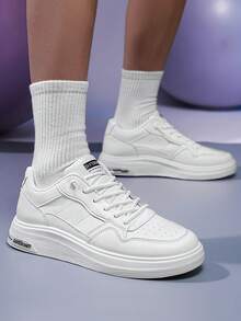 Men's White Fashion Low-Top Sneakers, Minimalist Leather Design With Contrast Stitching And Text-Imprinted EVA Platform - 白色 - 查看 3
