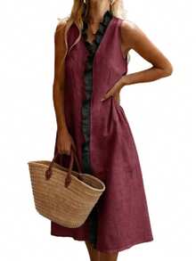 Elegante vestido midi de lino sin mangas con volantes y bloques de color para mujer - rosa - Ver 6
