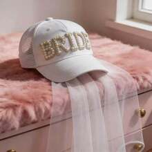1pc Bride To Be Hat With Veil, White BRIDE Letter Baseball Cap, Bachelorette Party & Beach Wedding Tulle Veil Hat, Bridal Shower & Engagement Gift - View 4
